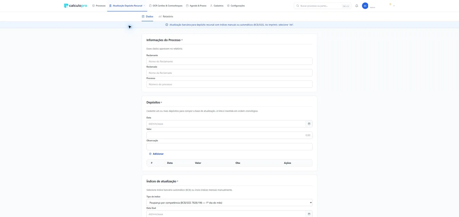 Tela de atualização de depósito recursal
