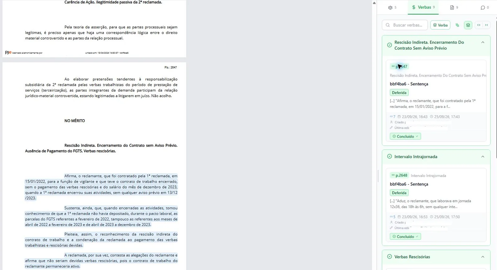 Visualizador unificado com lançamentos de verbas vinculados aos trechos do PDF